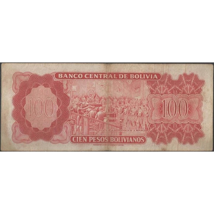 Bolivia 100 Pesos Bolivianos L 13 Jul 1962 SERIE F P164c reverso