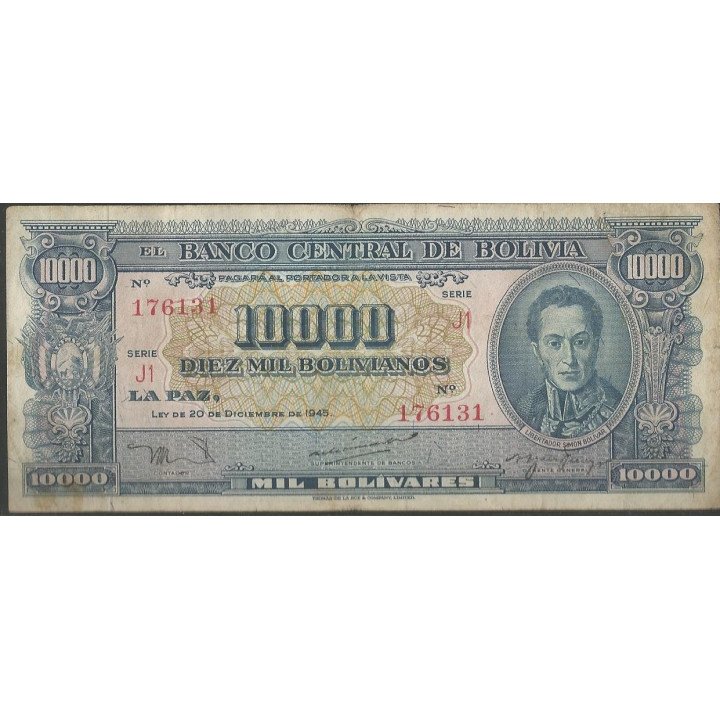 Bolivia 10.000 Bolivianos L 20 Dic 1945 Serie J1 P151