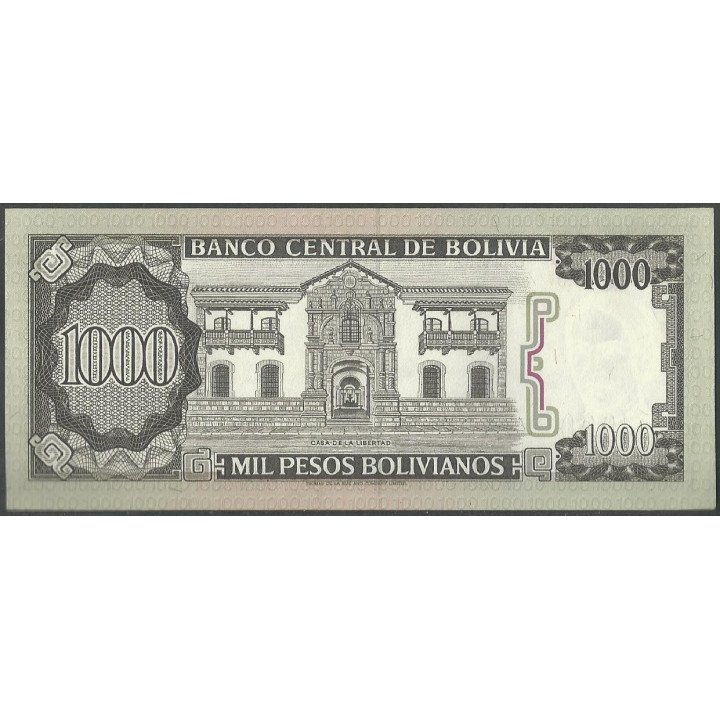 Bolivia 1.000 Pesos Bolivianos D 25 Jun 1982 Serie L P167a reverso