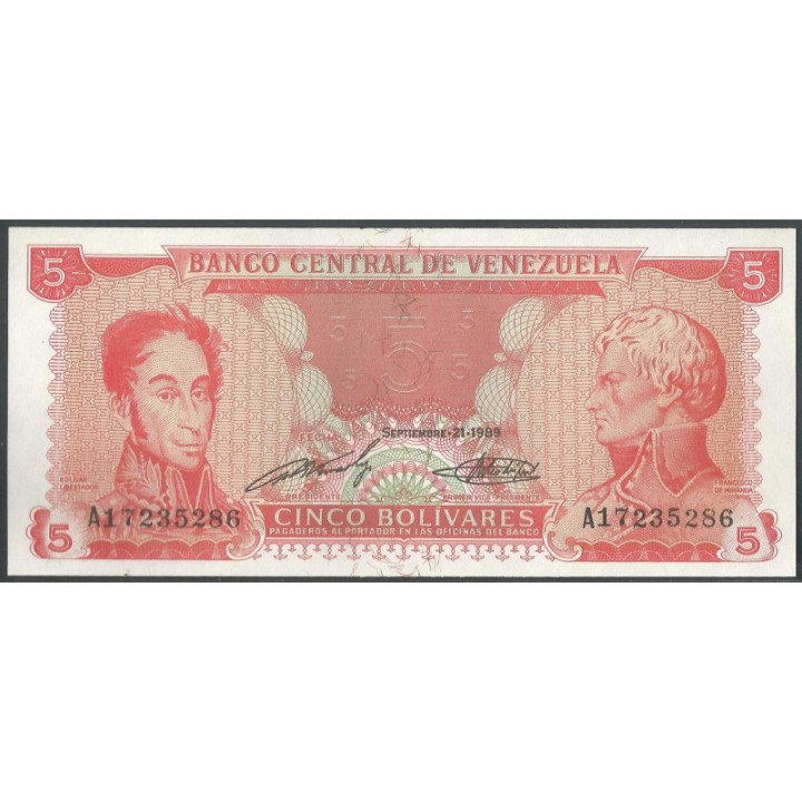 Venezuela 5 Bolivares 21 Sep 1989 A 8 Dig P70b