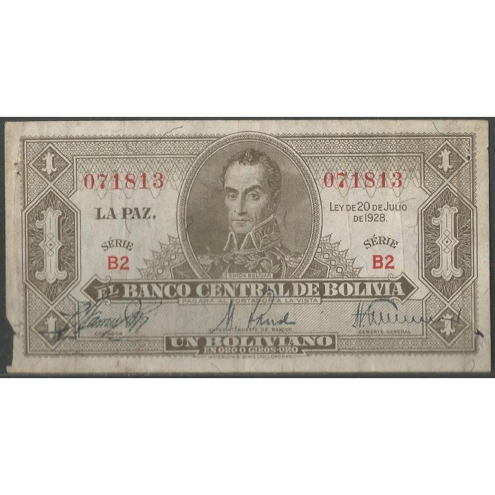 Bolivia 1 Boliviano L 20 Jul 1928 Serie B2 P128a
