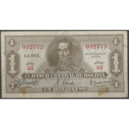 Bolivia 1 Boliviano L 20 Jul 1928 Serie U3 P128a