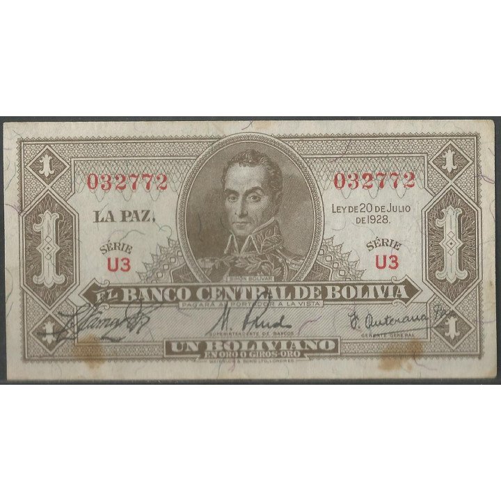 Bolivia 1 Boliviano L 20 Jul 1928 Serie U3 P128a