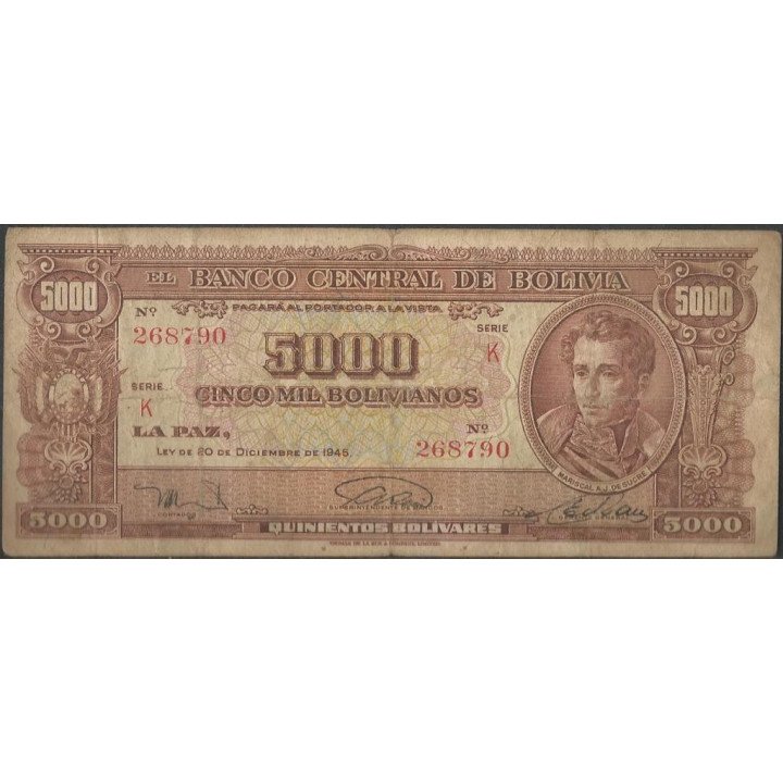 Bolivia 5.000 Bolivianos L 20 Dic 1945 Serie K P150