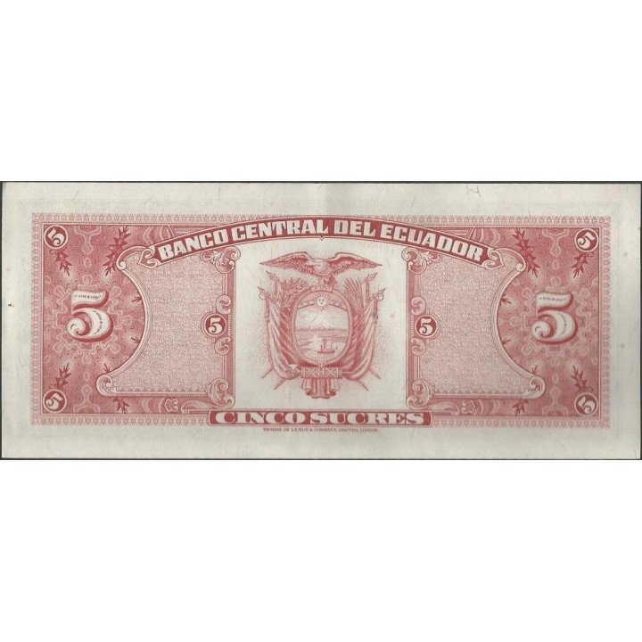Ecuador 5 Sucres 24 May 1968 HH P113b reverso