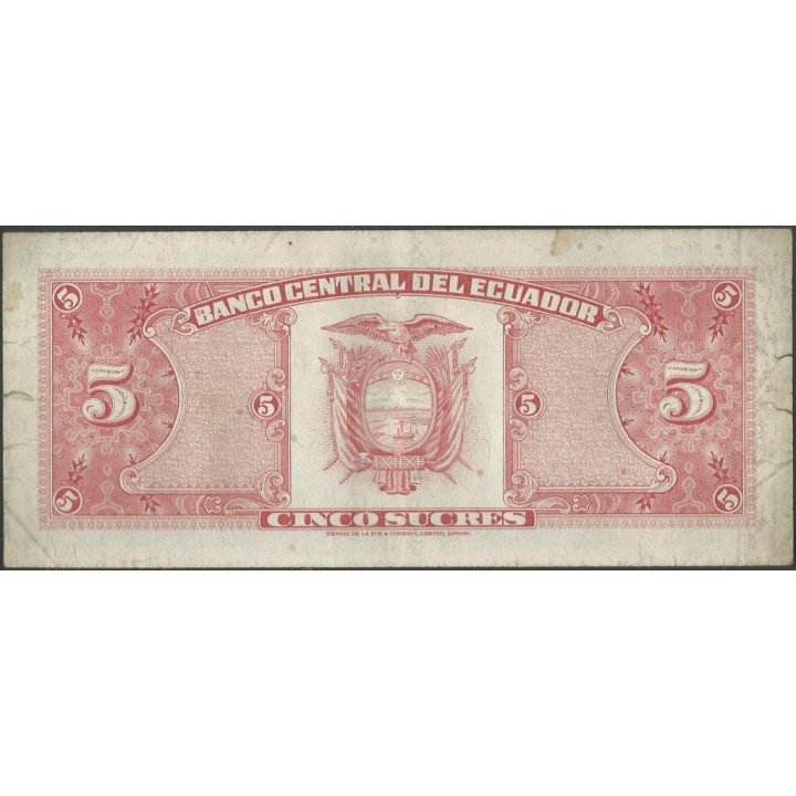 Ecuador 5 Sucres 27 Feb 1970 HJ Firma 3 Pequeña P113b reverso