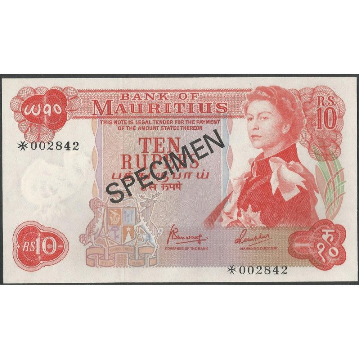 Mauricio 10 Rupias ND1967 P31cS1 Specimen