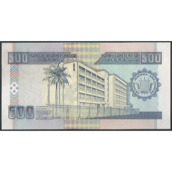 Burundi 500 Francs 1 May 2009 P38e reverso