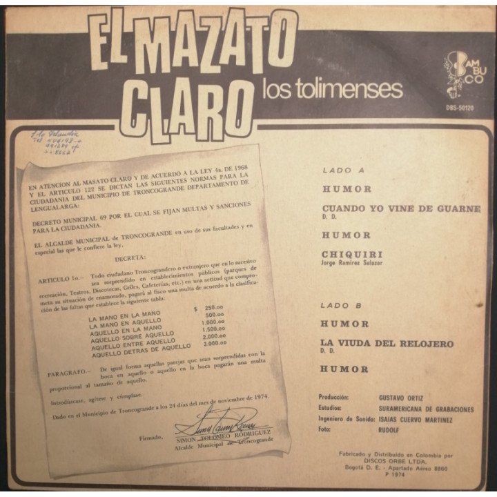 Los Tolimenses El Mazato Claro - Colombia reverso