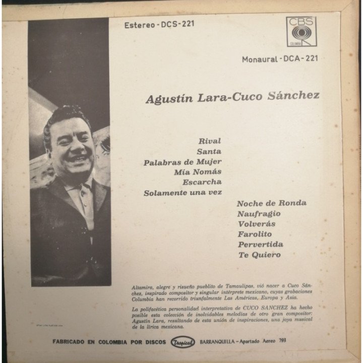 Agustin Lara y Cuco Sanchez Afectuosamente Cuco - Colombia reverso