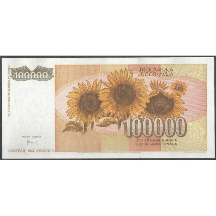 Yugoeslavia 100.000 Dinara 1993 P118 reverso