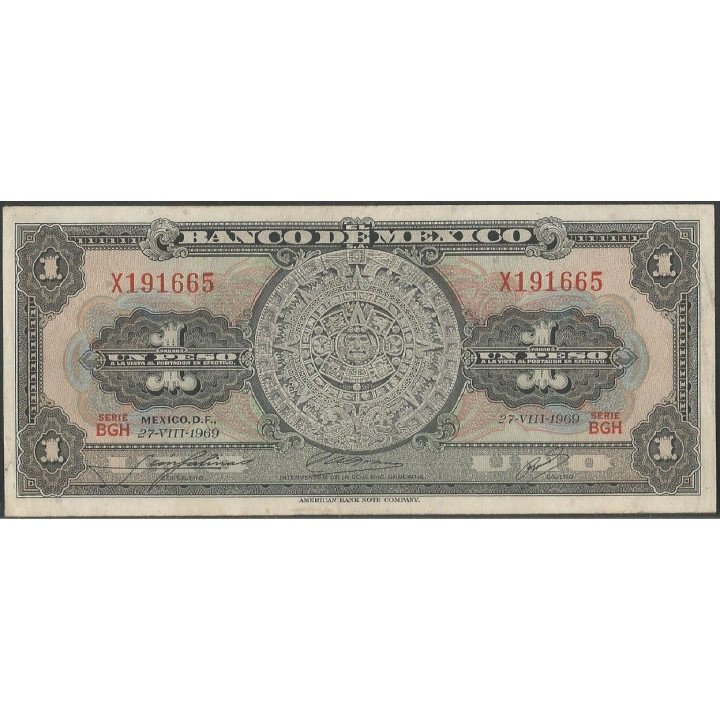 Mexico 1 Peso 27 Ago 1969 Serie BGH P59k