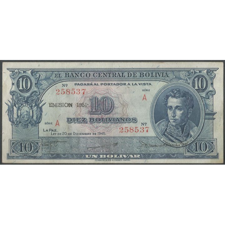 Bolivia 10 Bolivianos 1951 Serie A P139a