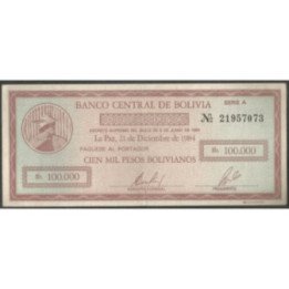 Bolivia 100.000 Bolivianos 21 Dic 1984 Serie A P188