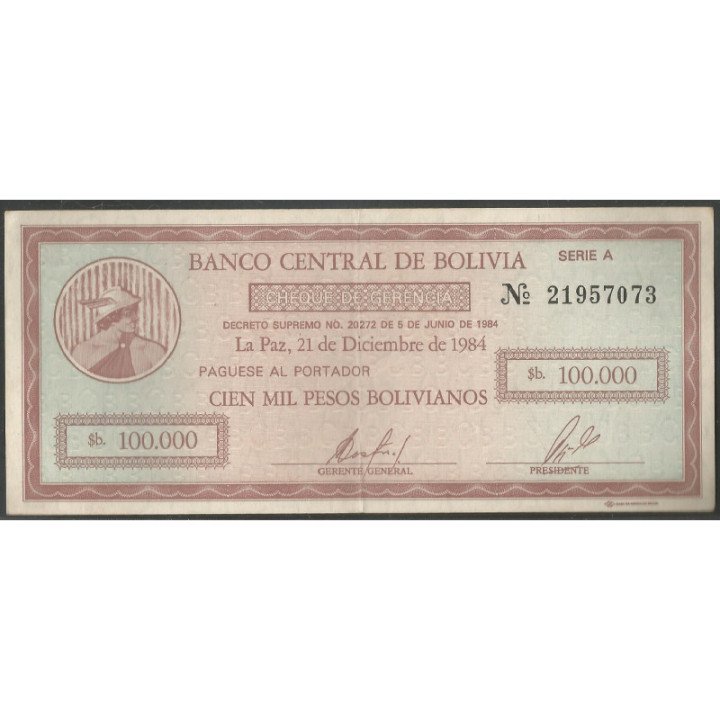 Bolivia 100.000 Bolivianos 21 Dic 1984 Serie A P188