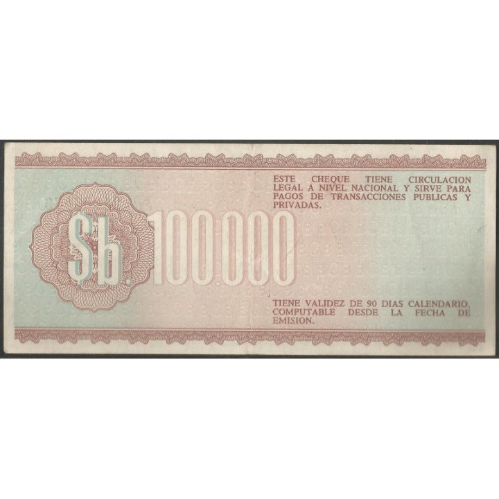 Bolivia 100.000 Bolivianos 21 Dic 1984 Serie A P188 reverso