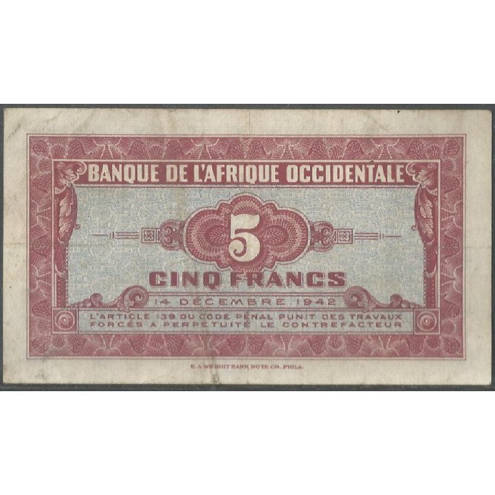 Africa Occidental Francesa, 5 Francs 14 dic 1942 P28a