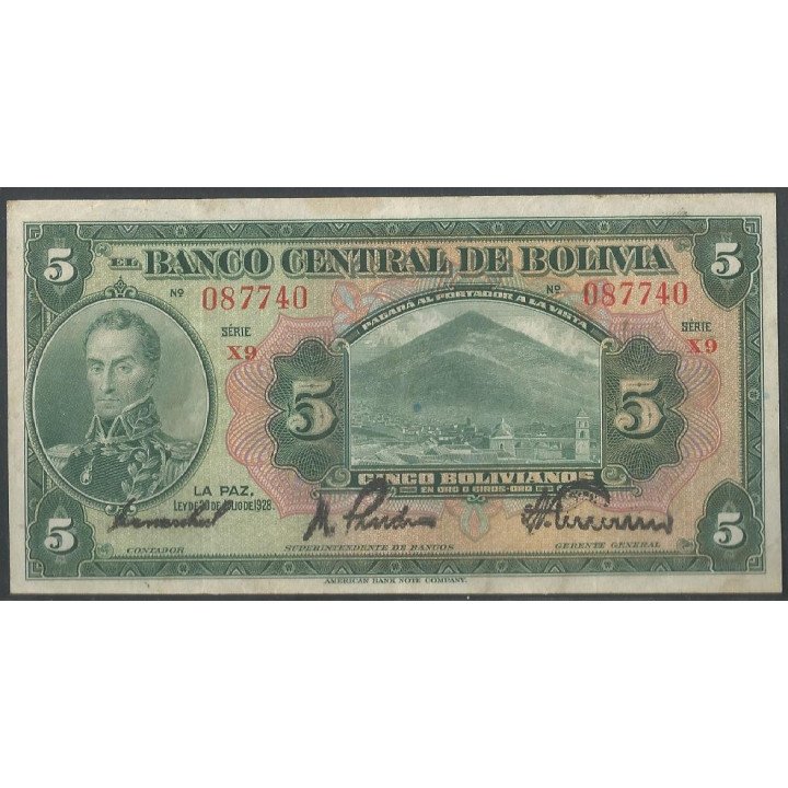 Bolivia 5 Bolivianos L 20 Jul 1928 Serie X9 P120a