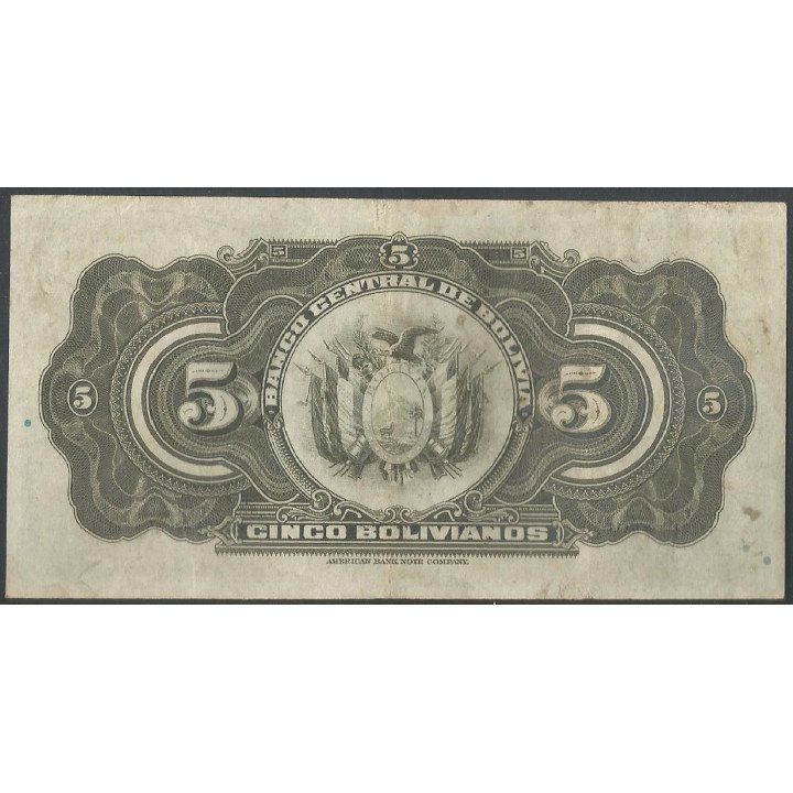 Bolivia 5 Bolivianos L 20 Jul 1928 Serie X9 P120a reverso