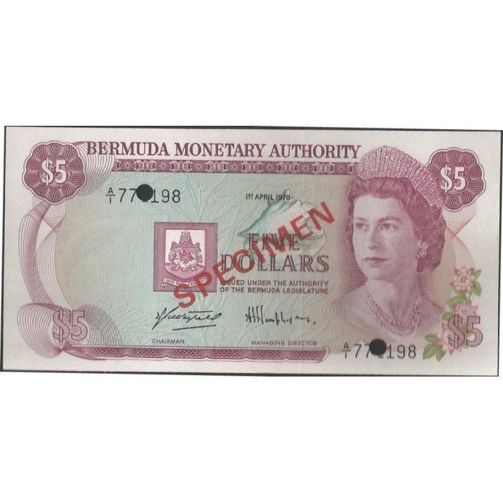 Bermuda, 5 Dollars 1 Abr 1978 Specimen P29aS