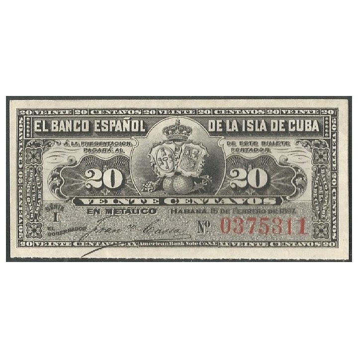 Cuba, 20 Centavos 15 Feb 1892 P53a