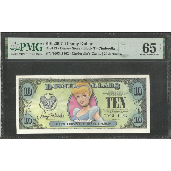 Disney, 10 Dollars 2007 Cinderella Serie T DIS133 PMG65EPQ