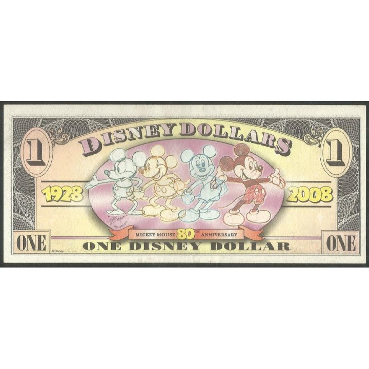 Disney, 1 Dollar 2008 Mickey 80 años Serie D DIS146 PMG65EPQ