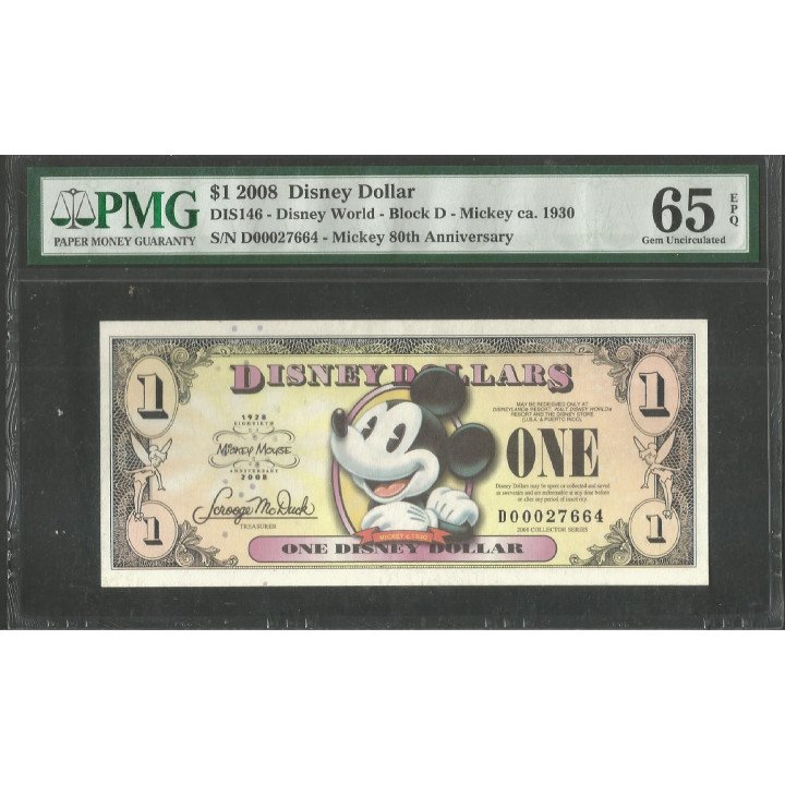 Disney, 1 Dollar 2008 Mickey 80 años Serie D DIS146 PMG65EPQ