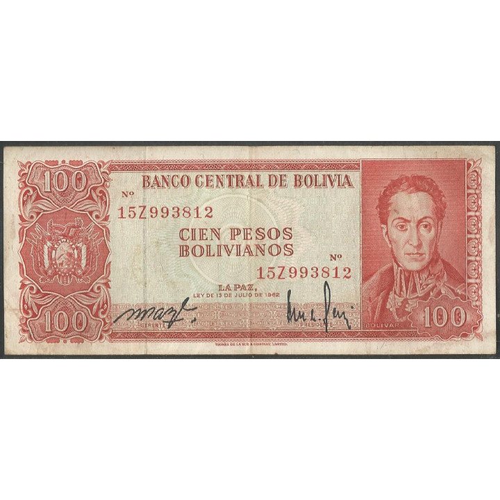 Bolivia 100 Pesos Bolivianos L 13 Jul 1962 Serie 15Z P164A