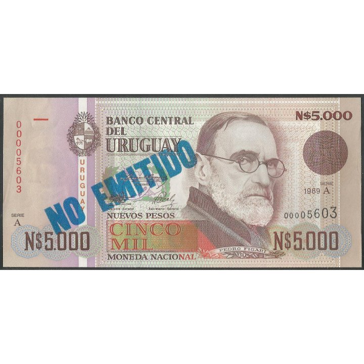 Uruguay, 5.000 Nuevos Pesos 1989 P68A No Emitido