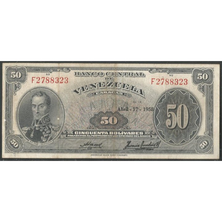 Venezuela, 50 Bolivares 17 Abr 1958 F 7 Dig P33c