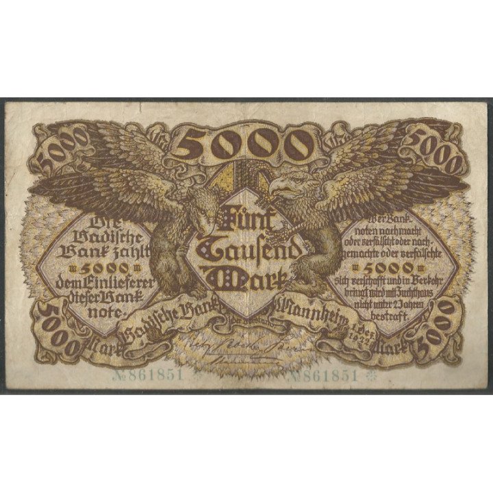 Alemania - Banco de Baden 5.000 Mark 1 Dic 1922 Ps909