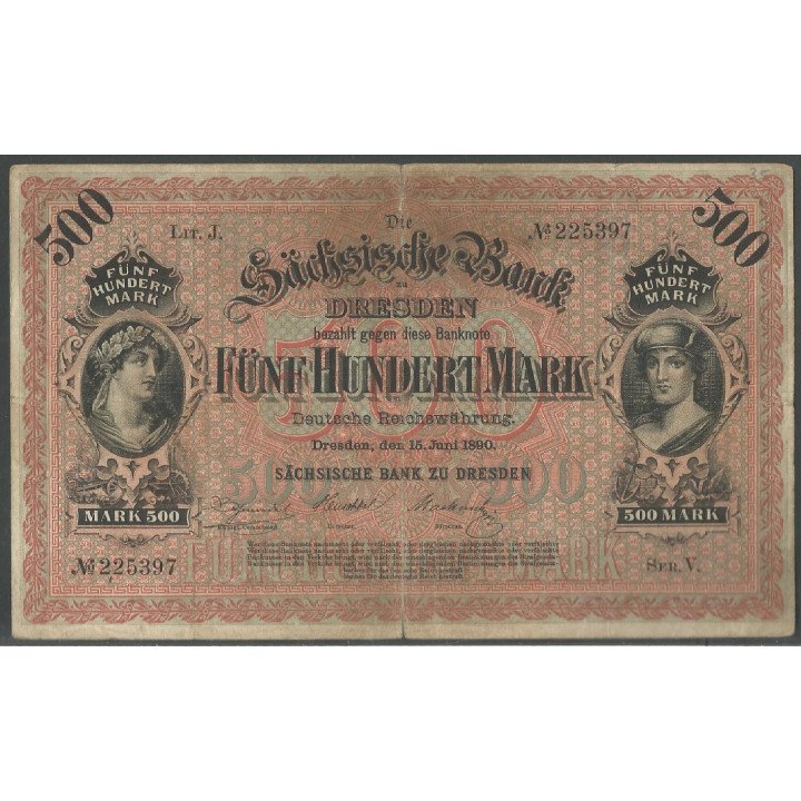 Alemania - Sachsen, 500 Mark 15 Jun 1890 Ps953a