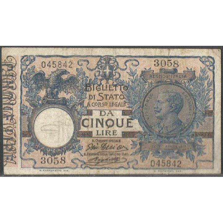 Italia, 5 Liras 7 Oct 1904 P23d