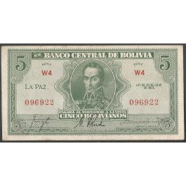 Bolivia, 5 Bolivianos L 20 Jul 1928 Serie W4 P129