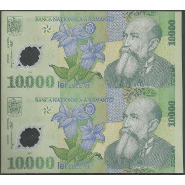 Rumania, 10.000 Lei 2000 P112a, Pliego de 2 billetes