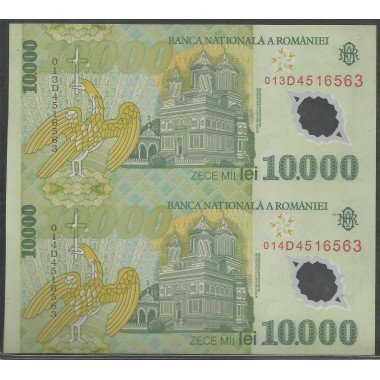 Rumania, 10.000 Lei 2000 P112a, Pliego de 2 billetes