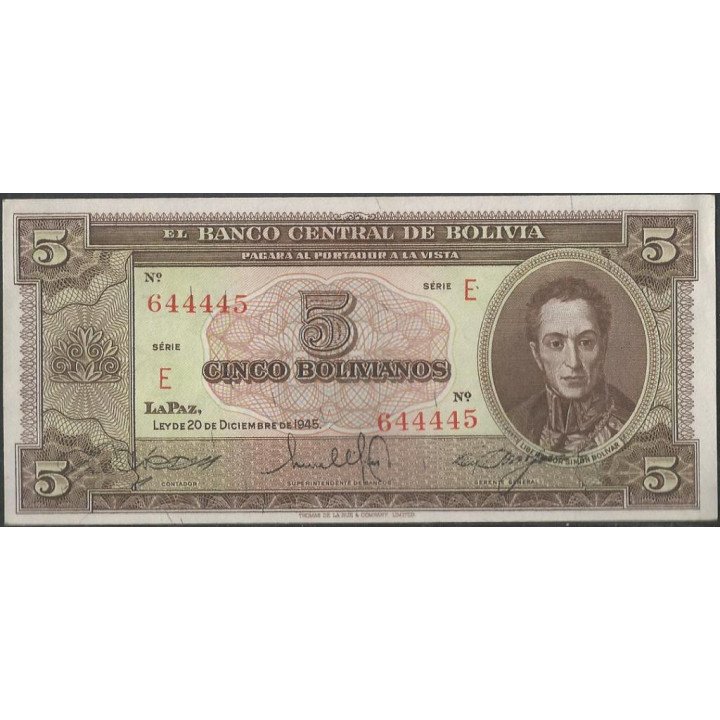 Bolivia, 5 Bolivianos L 20 Dic 1945 Serie E P138a3