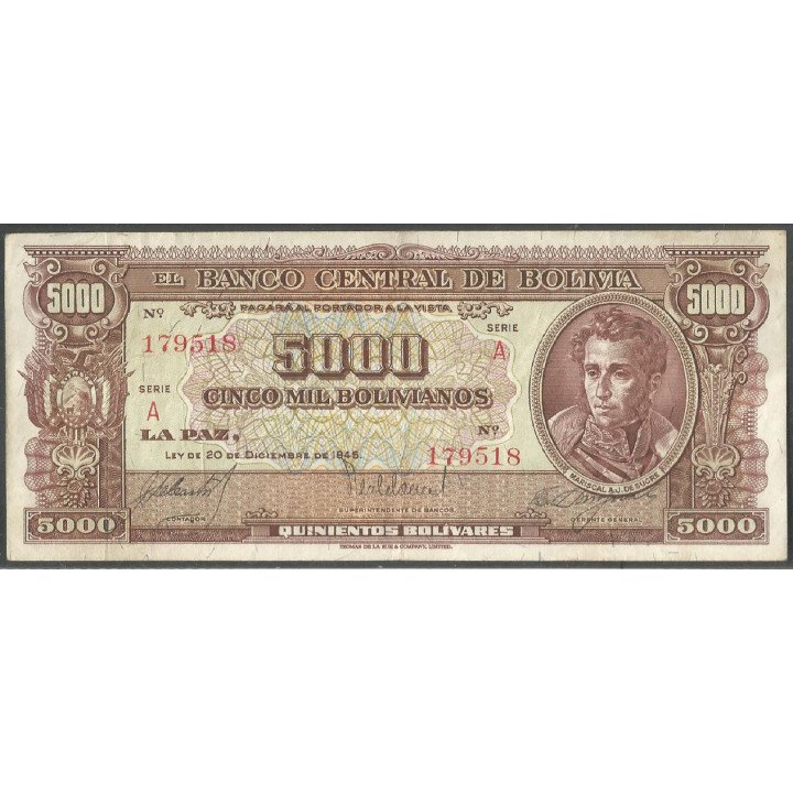 Bolivia, 5.000 Bolivianos L 20 Dic 1945 Serie A P150
