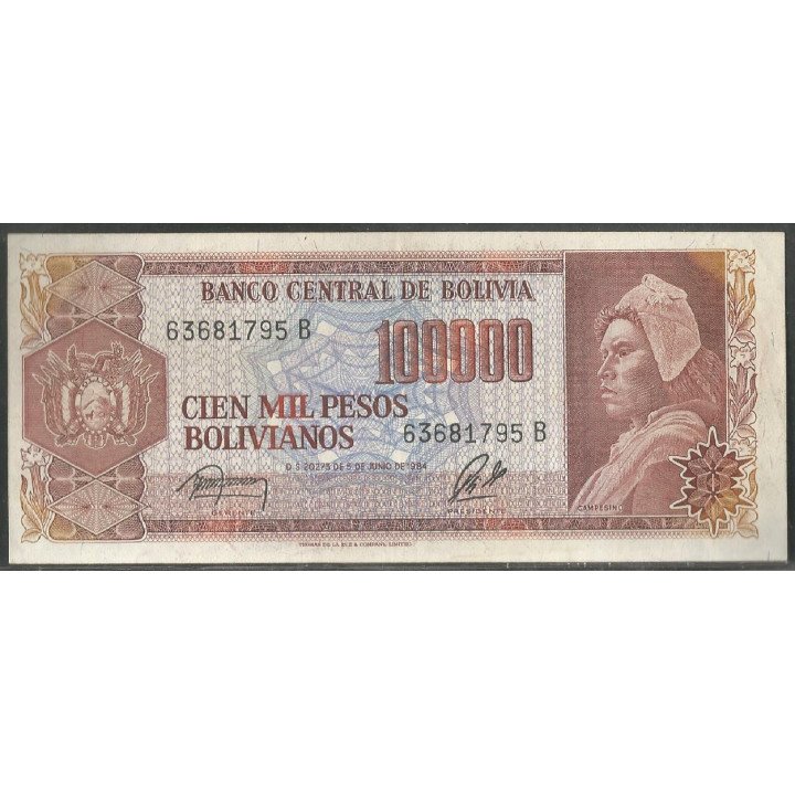 Bolivia, 100.000 Pesos Bolivianos D 5 Jun 1984 Serie B P171a