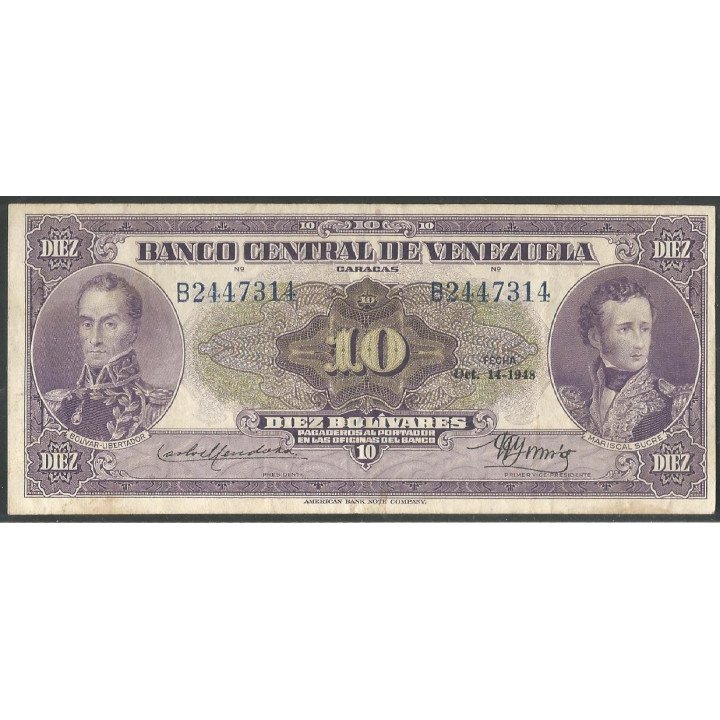 Venezuela, 10 Bolivares 14 Oct 1948 B7 Dig P31a