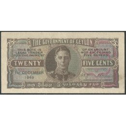 Ceylan, 25 Cents 1 Dic 1949 P44b