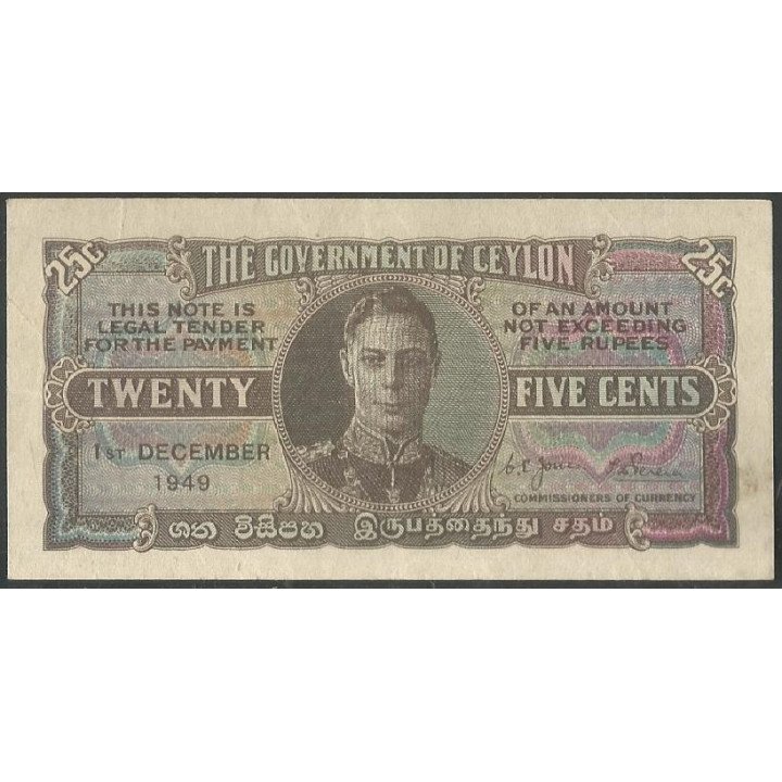 Ceylan, 25 Cents 1 Dic 1949 P44b