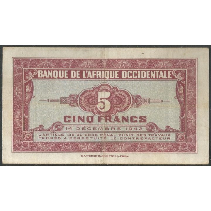 Africa Occidental Francesa, 5 Francs 14 dic 1942 P28a