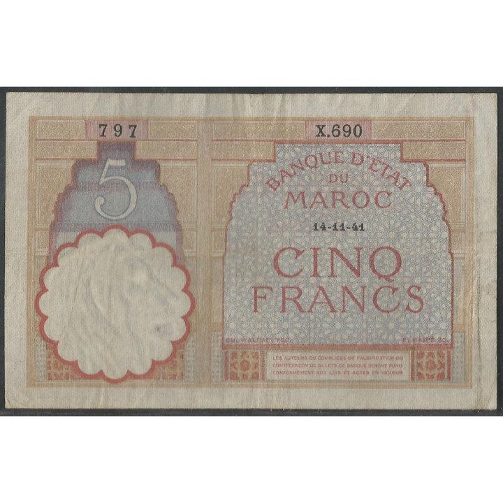 Marruecos, 5 Francs 14 Nov 1941 P23Ab