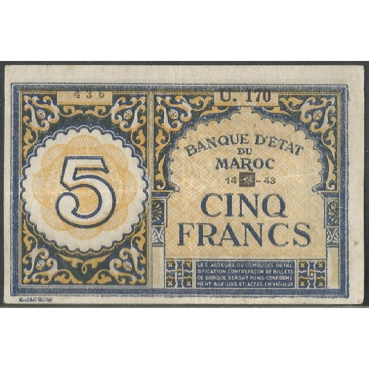 Marruecos, 5 Francs 1 Sep 1943 P33