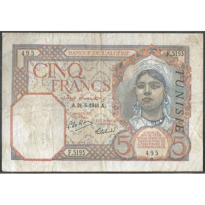 Tunez, 5 Francs 26 May 1941 P8c