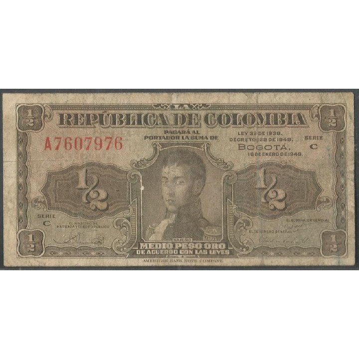Billete de 1/2 Peso 16 Ene 1948 A 7 dig.  BGW010