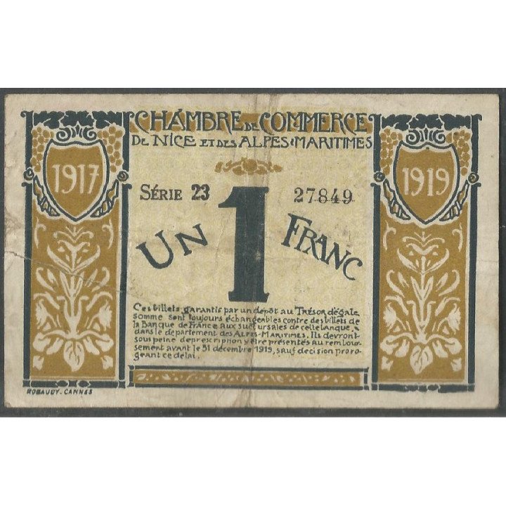 Francia - Camara de Comercio de Nice 1 Franc 19 Abr 1917