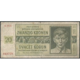 Bohemia & Moravia 20 Korun 24 Ene 1944 P9a3
